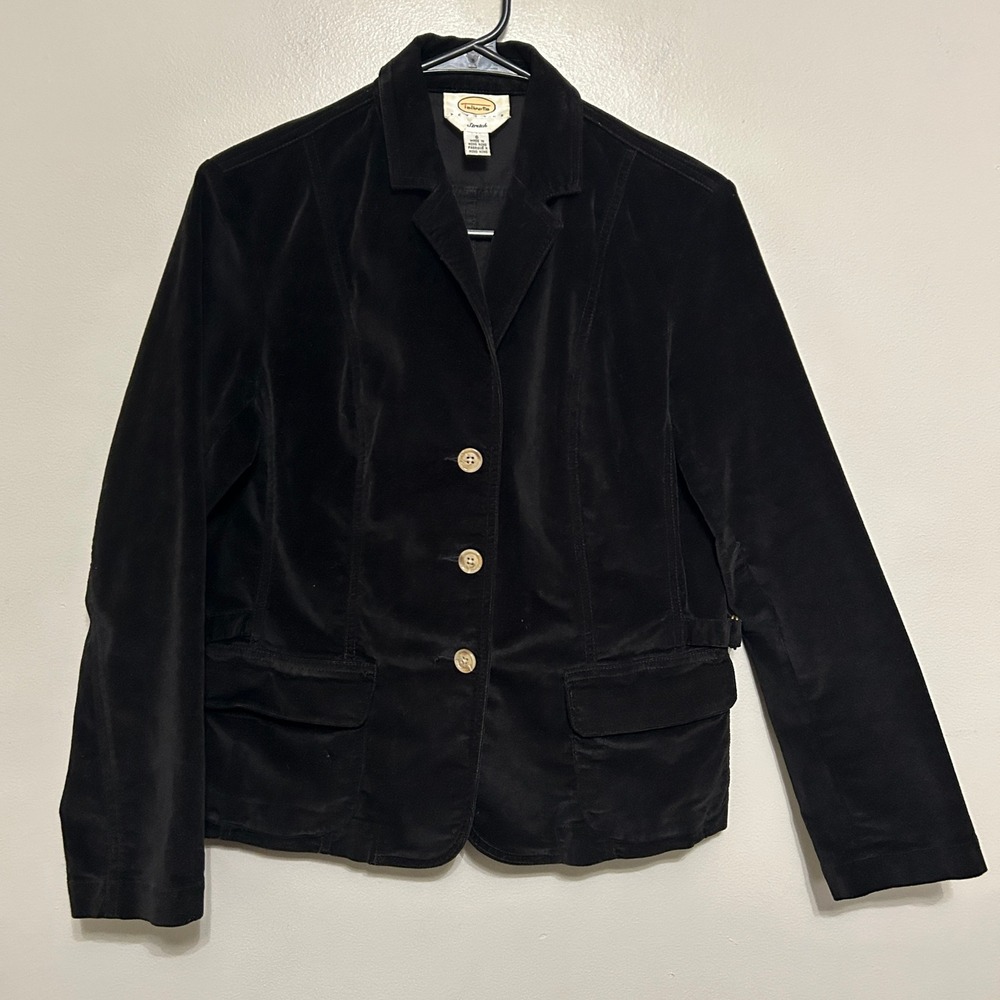 Talbots Women Blazer 6P Black Velvet Peplum Stretch Adjustable Waist Jacket Goth